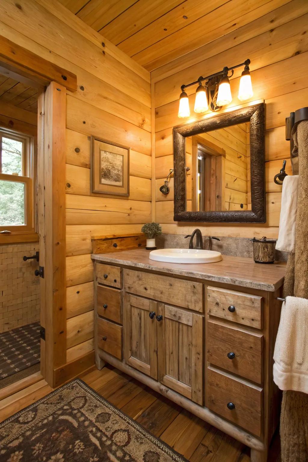 A log cabin bathroom that shows off a wood-reclaimed unit.