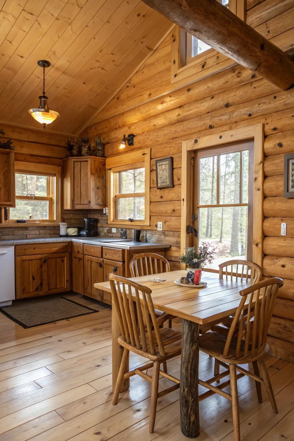 A log cabin kitchen exhibiting natural wooden cabinets along with paneled walls.