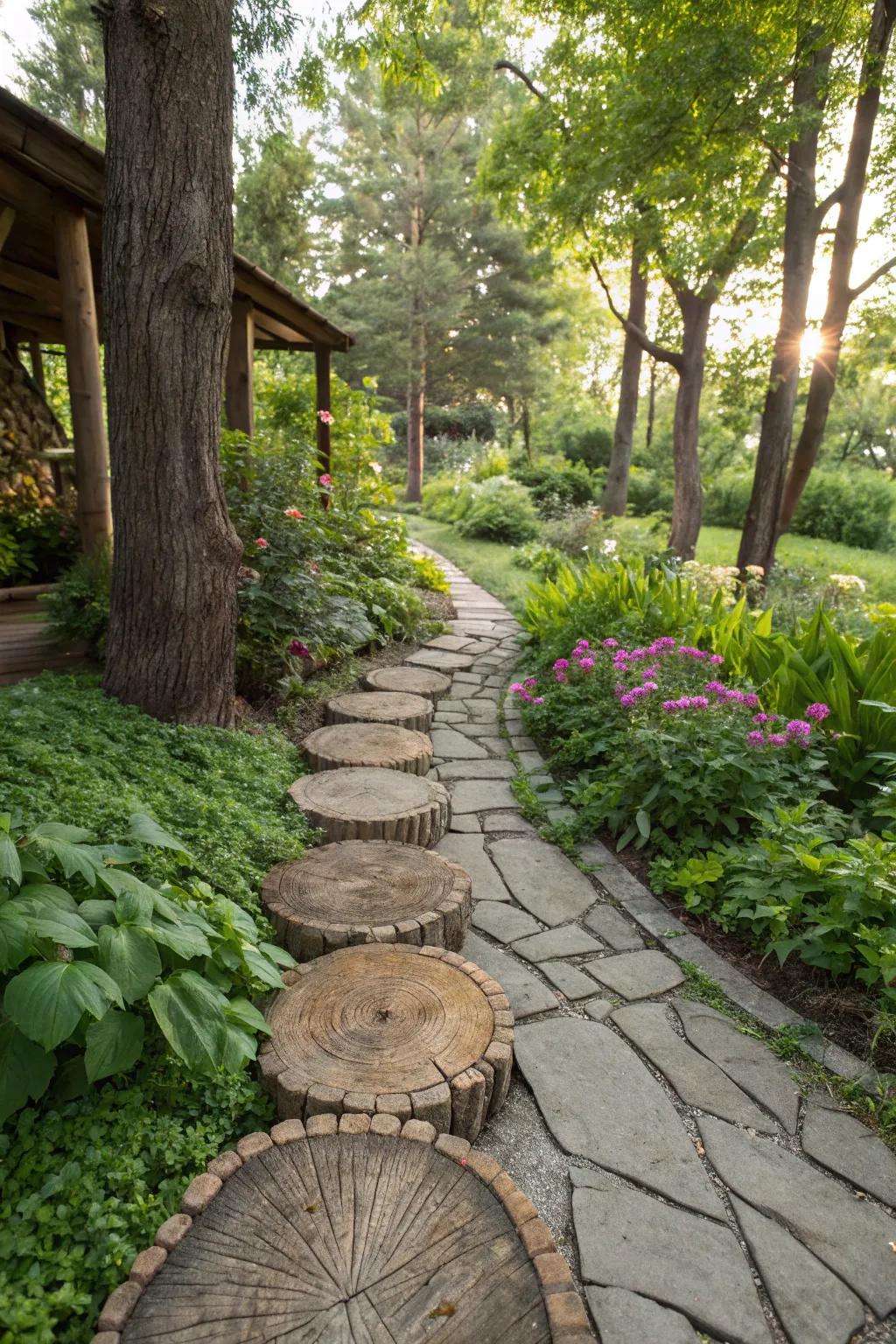 A garden path beautifully crafted with timber pieces.
