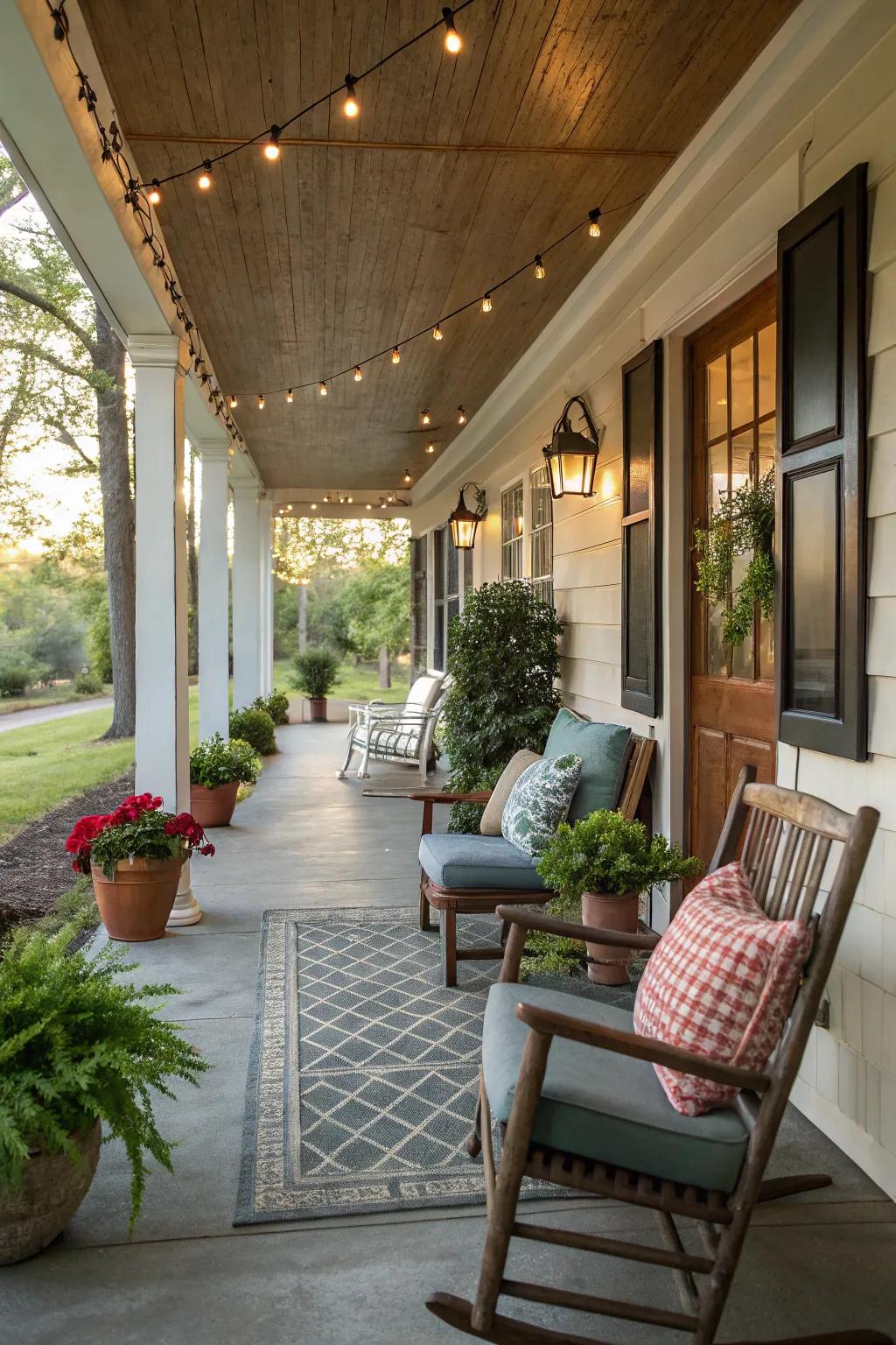 Individual seating areas on a long porch foster attractive spaces conducive to relaxation.