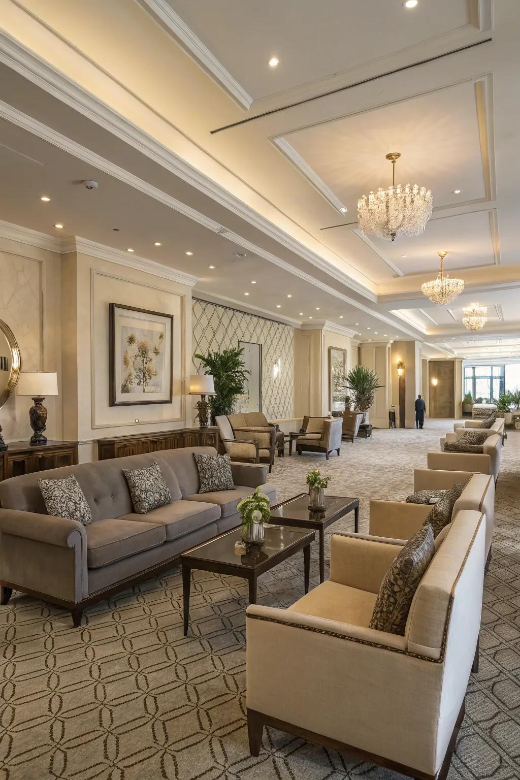 Dual sitting areas in a living room offer versatility and an intimate feel.