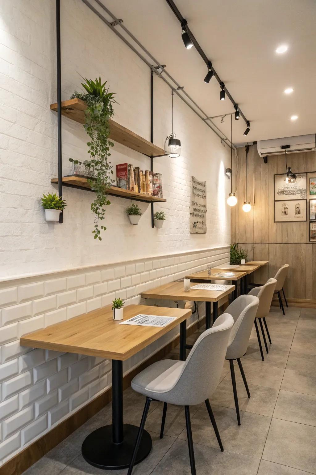 Minimalist design in a small restaurant enhances the calming ambiance.