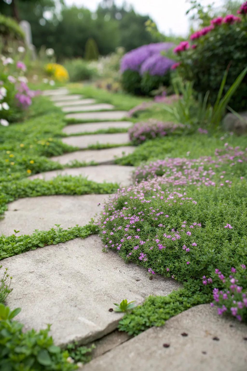 Aromatic Thyme caressing the spaces between garden stepping stones.