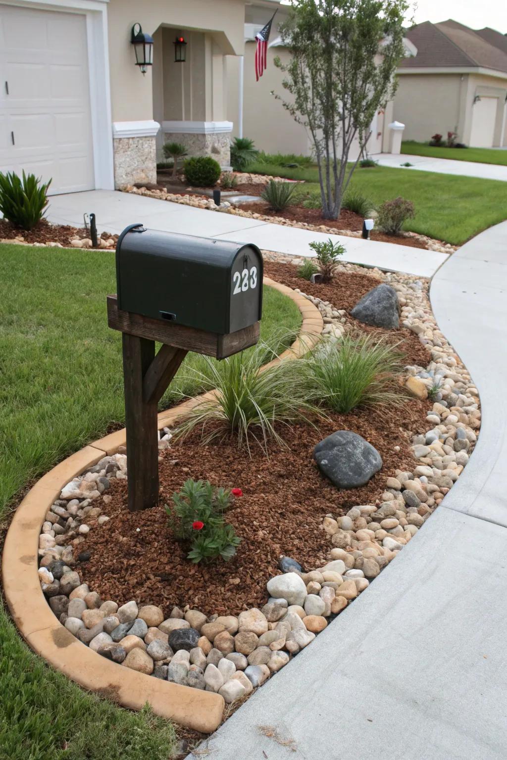 Mulch and decorative rocks create a tidy, low-maintenance mailbox landscape