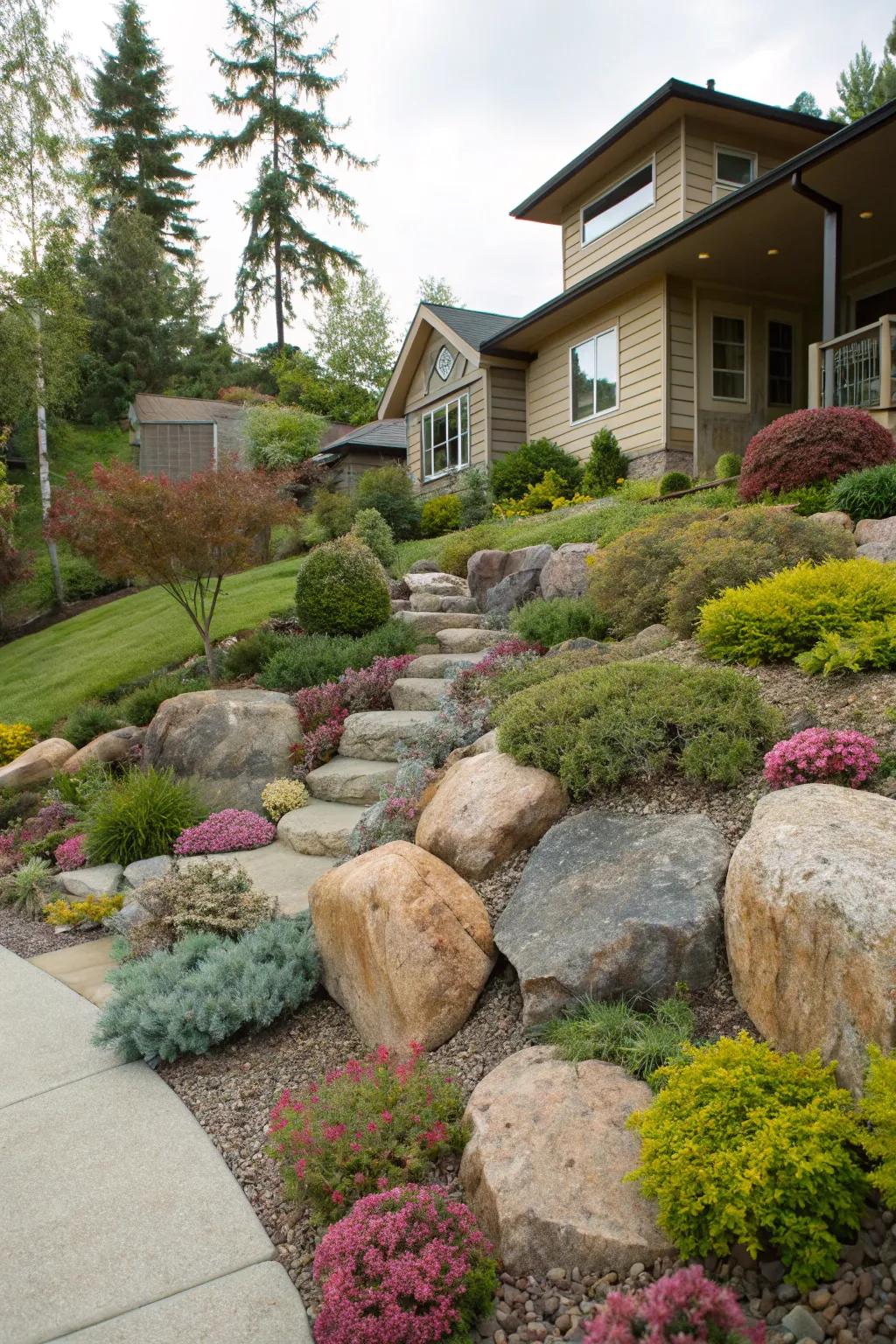 A stone garden that harmonizes beauty and practicality on an inclined front yard.
