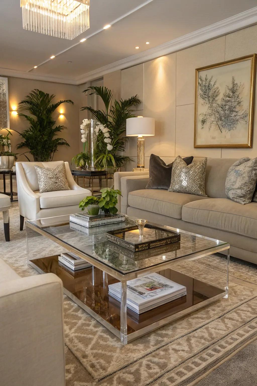 A stylish lucite coffee table enhances any living room's aesthetic.