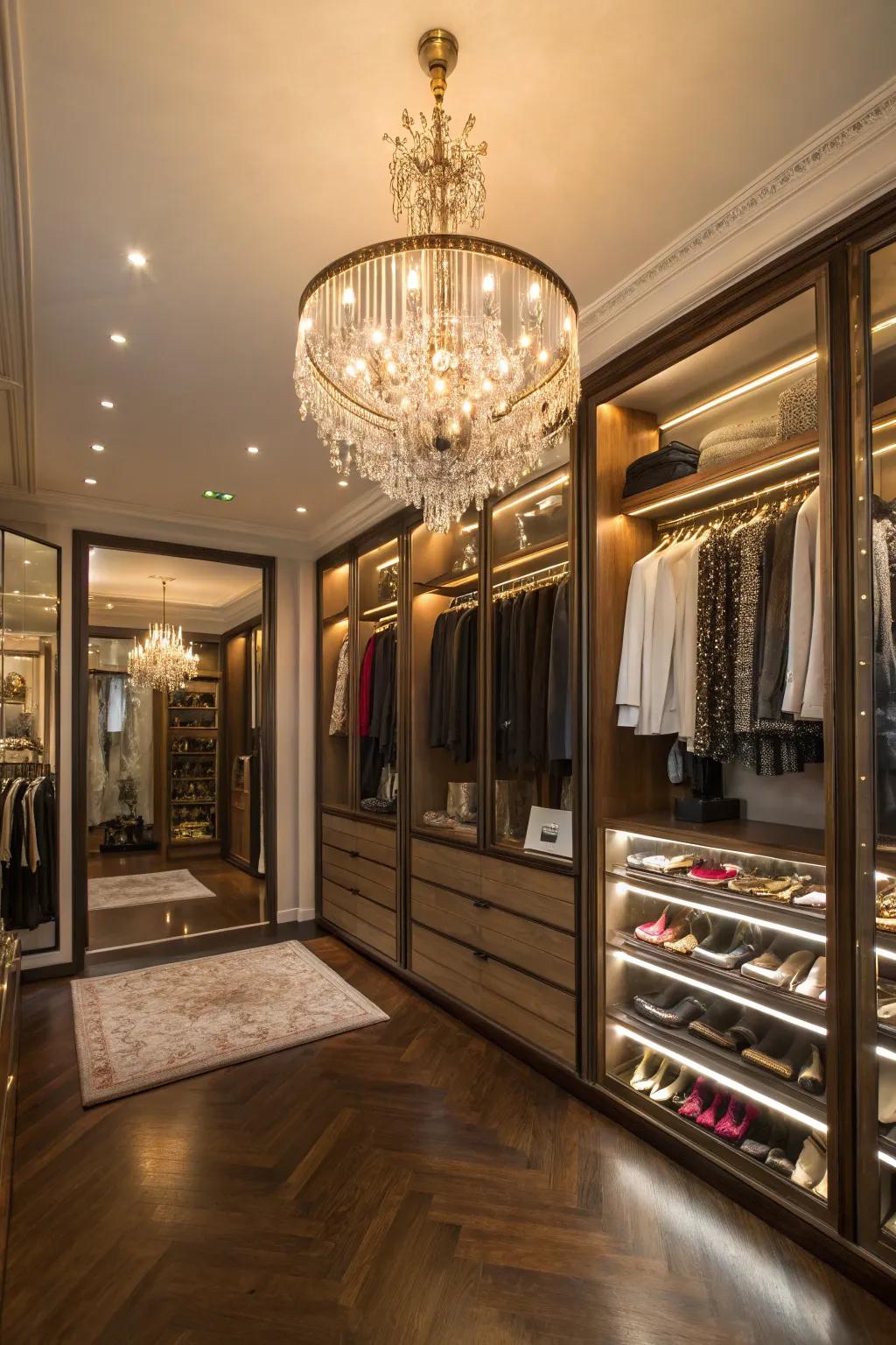 A dazzling luminaire serves as the focal point in a luxury closet.