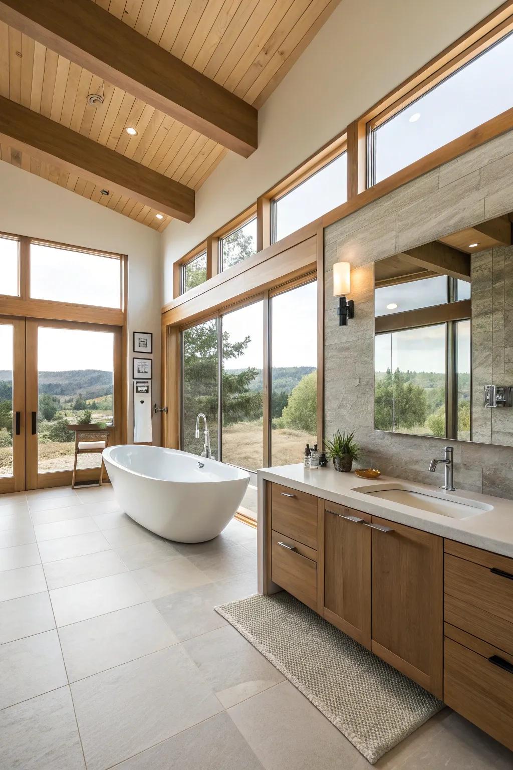 A spacious, contemporary main bathroom with a minimalist design promoting ease and comfort.
