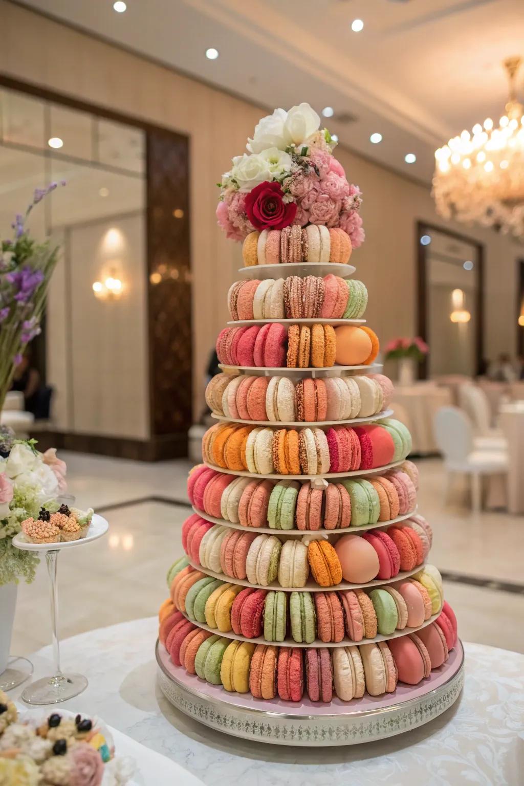 A multi-level macaron display featuring colorful macarons and floral accents.