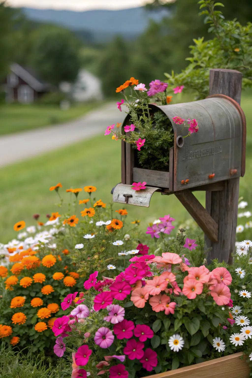 A dynamic floral ensemble transforms a plain mailbox into an inviting landmark.
