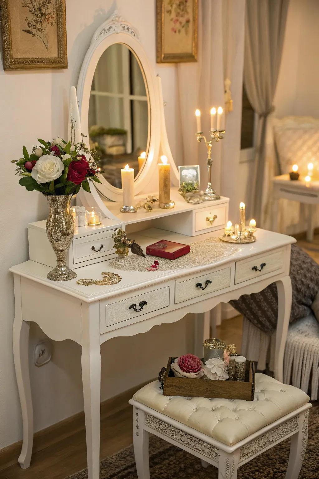 A classic vanity table establishes the ambiance for your makeup room.