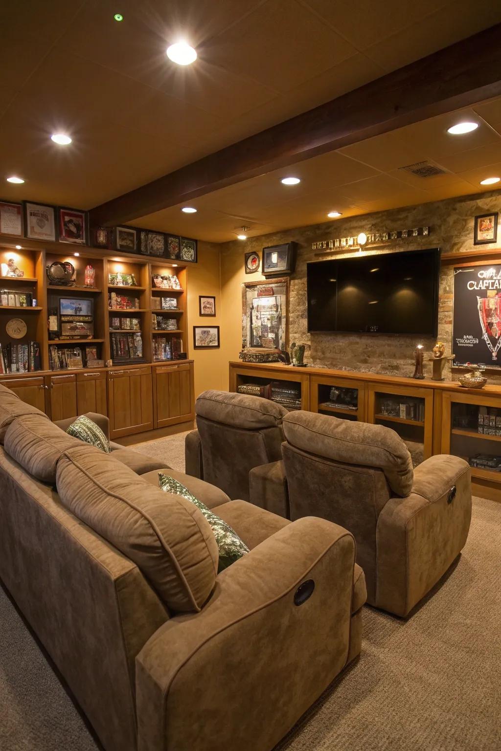 Sumptuous seating that whispers 'relax' in a man cave.