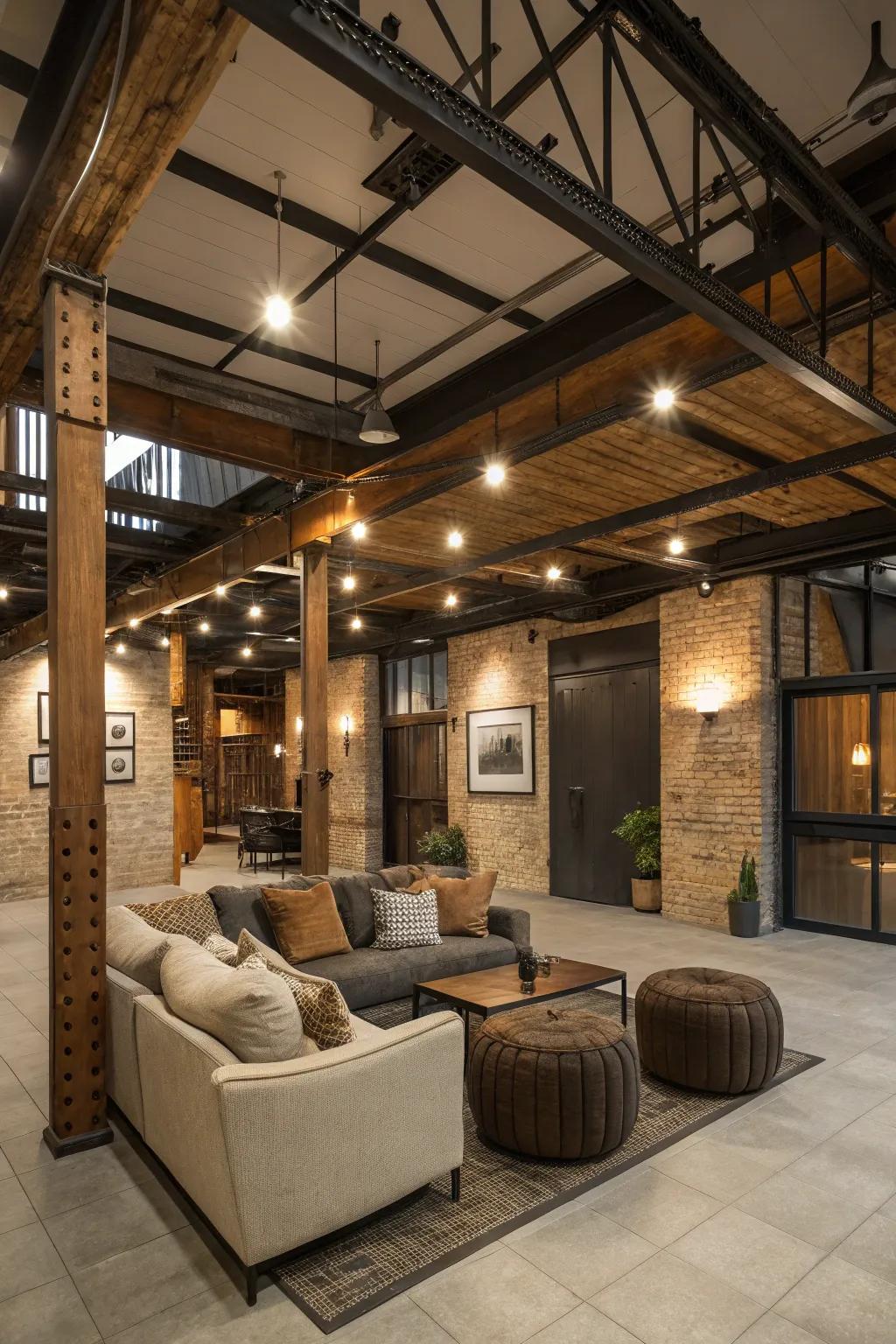 Rustic and industrial elements combine to create a cozy and inviting loft space.