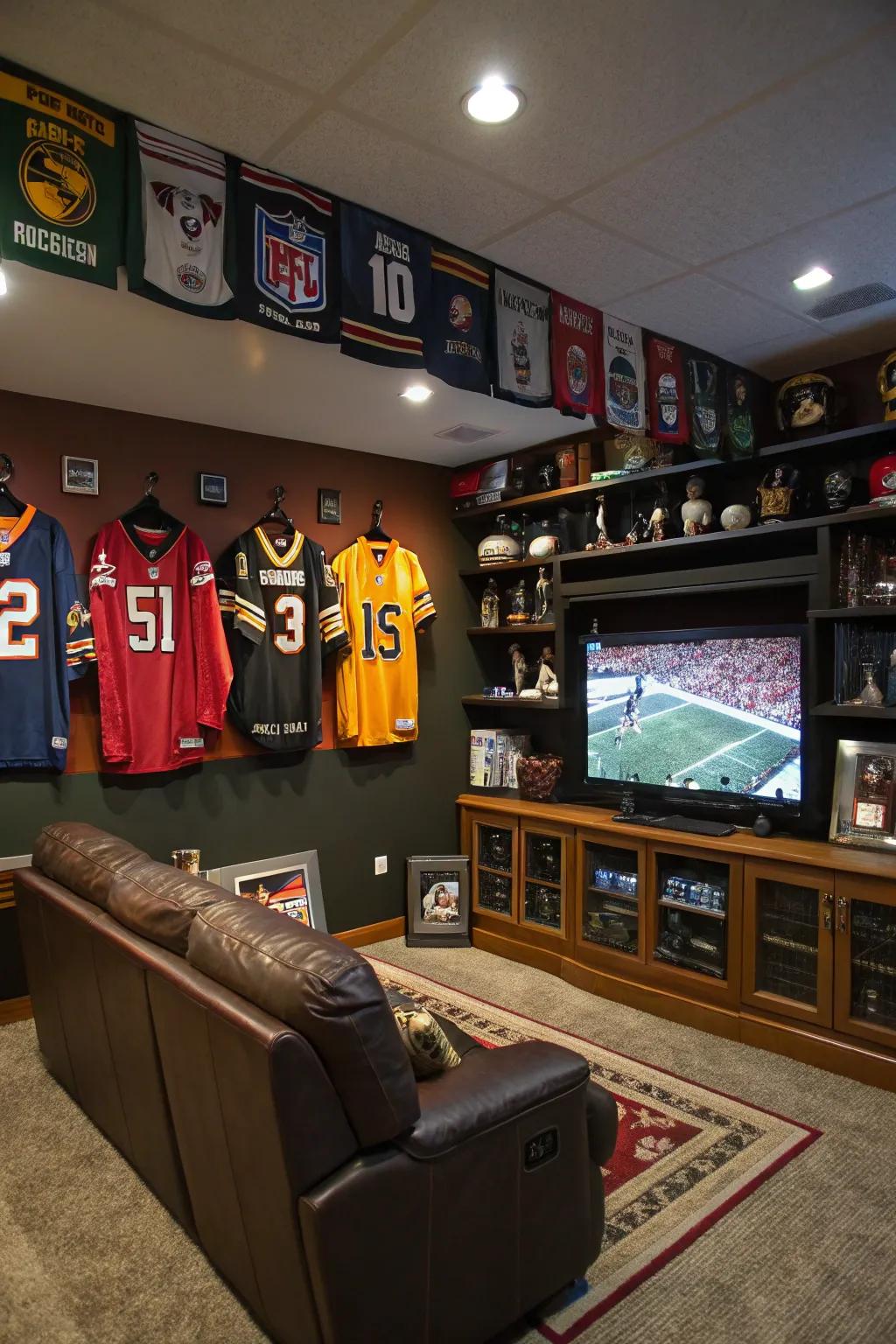 Engage fully in the electrifying vibe of a sports-focused man cave.