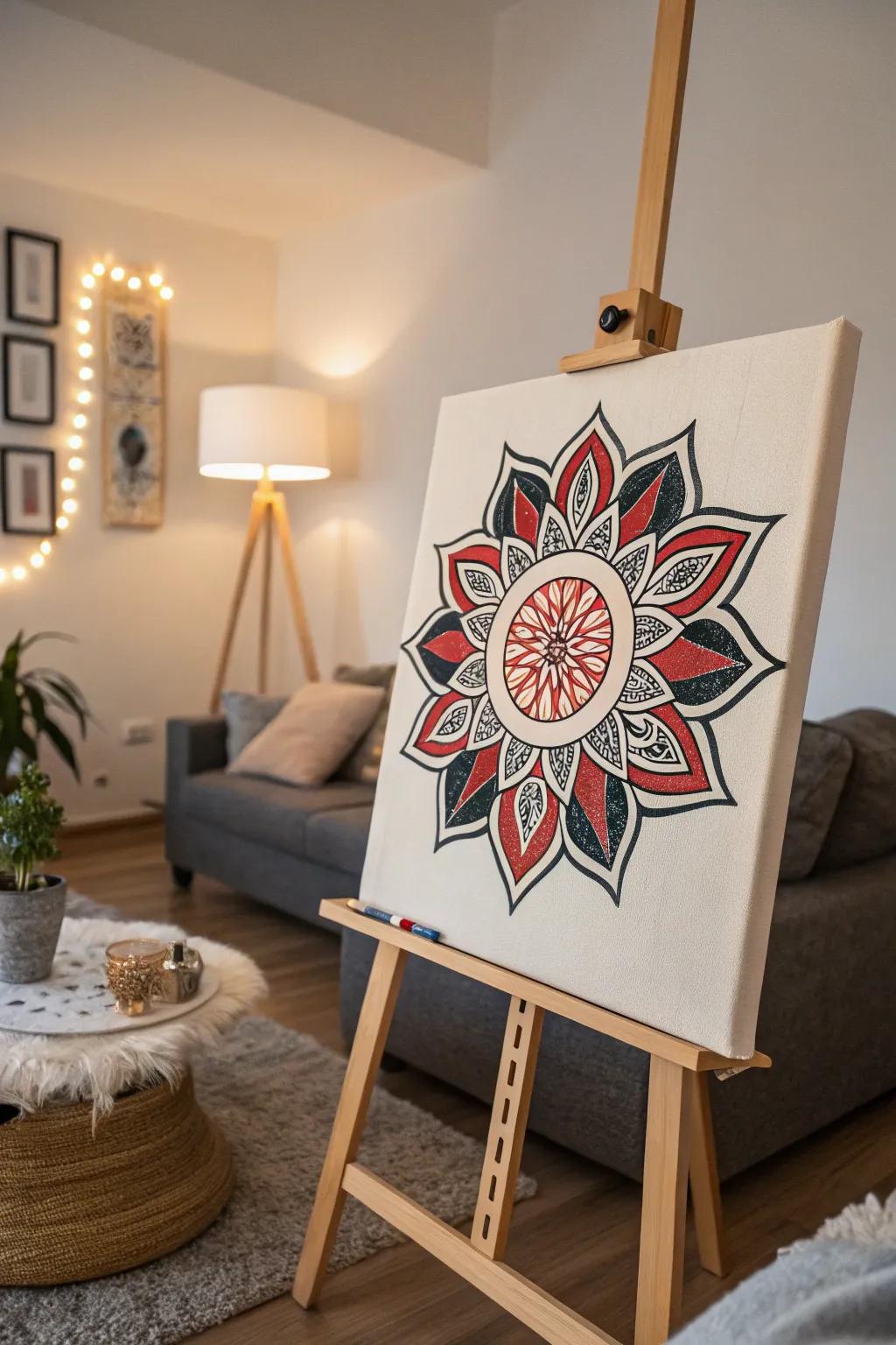 An effortless mandala design featuring striking colors brightening up a living room nook.