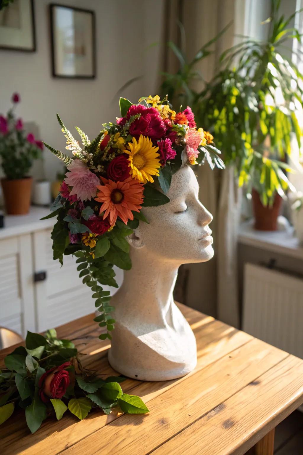 Floral arrangements placed on mannequin heads bring a natural essence to any living space.