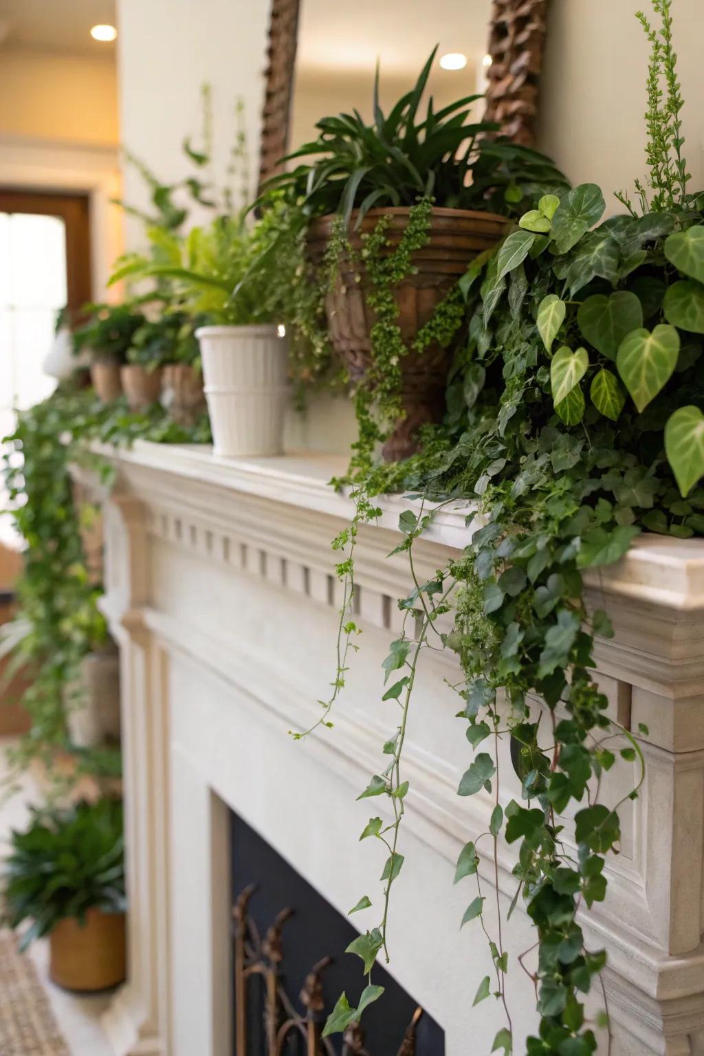 Lush greenery infuses a fresh and energetic vibe into this everyday mantel.