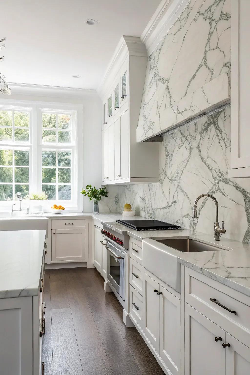 A kitchen showcasing a timeless ivory stone backsplash, radiating sophistication and simplicity.
