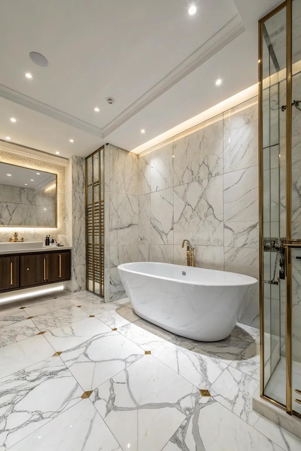 A standalone marble bathtub is the focal point of this sophisticated bathroom.