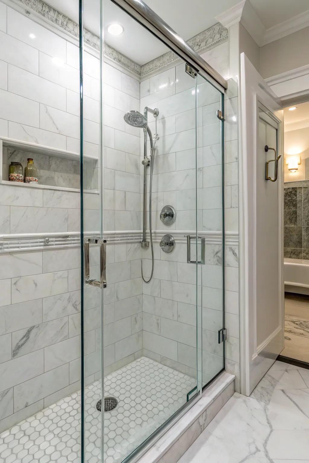 Ivory stone panels infuse your shower space with enduring grace.