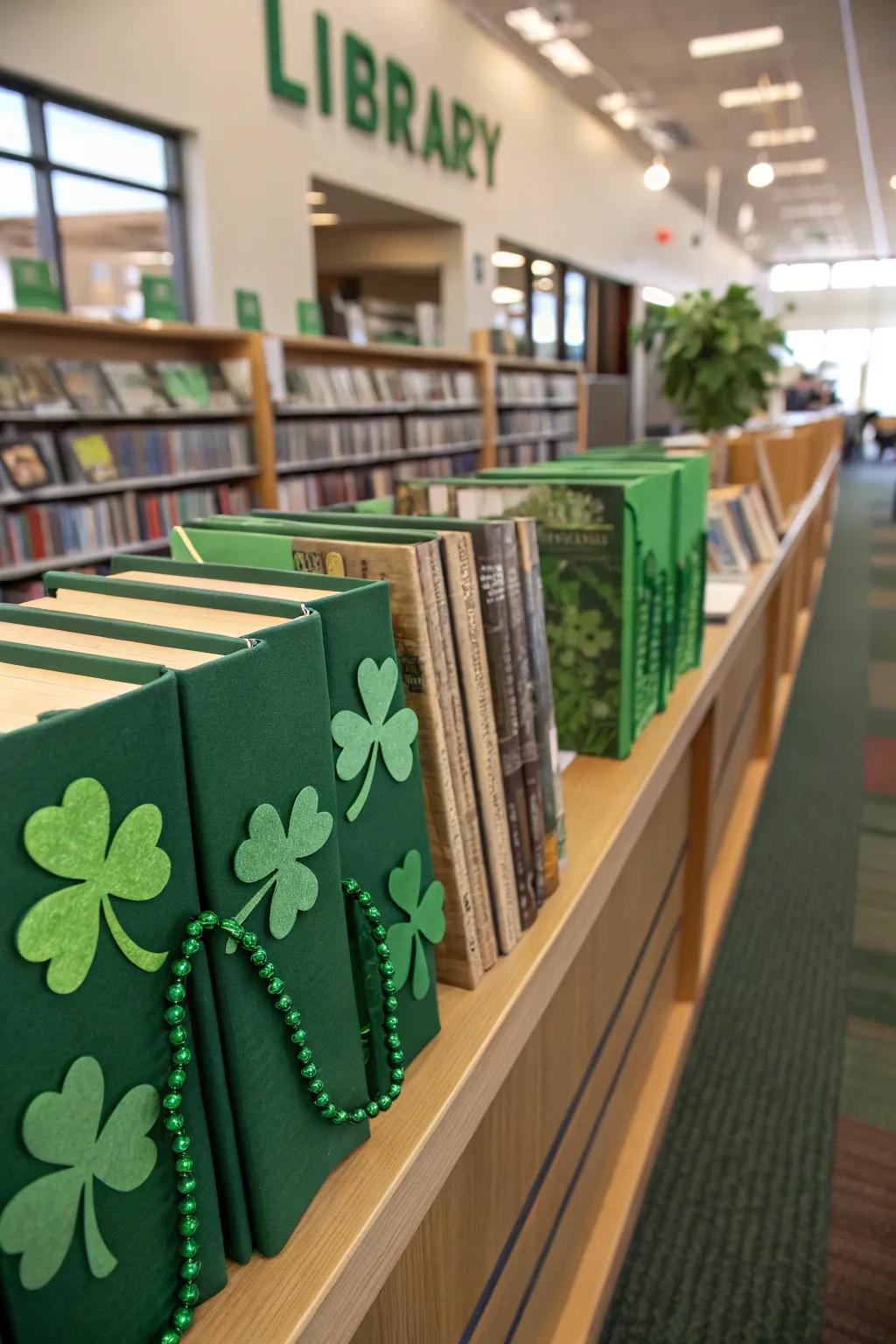 Books wrapped in green with shamrock decorations for St. Patrick's Day.