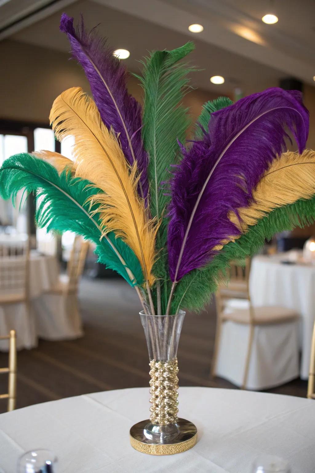 A plume centerpiece introduces a dash of sophistication and panache to your Mardi Gras decorations.