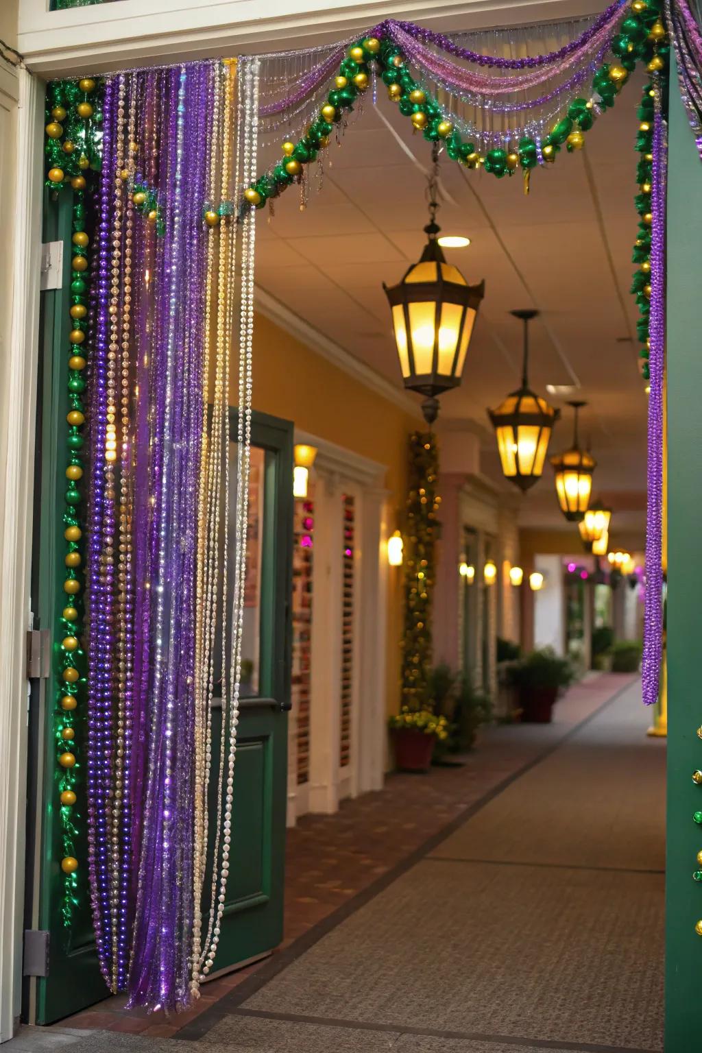 A welcoming bead drapery in Mardi Gras colors sets the celebratory mood for the gathering