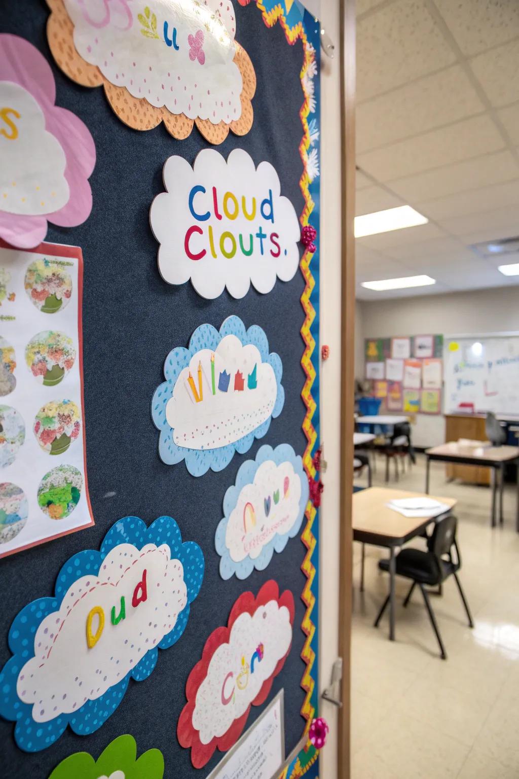 A canopy of dream clouds filled with children's aspirations creates an inspiring MLK Day display.