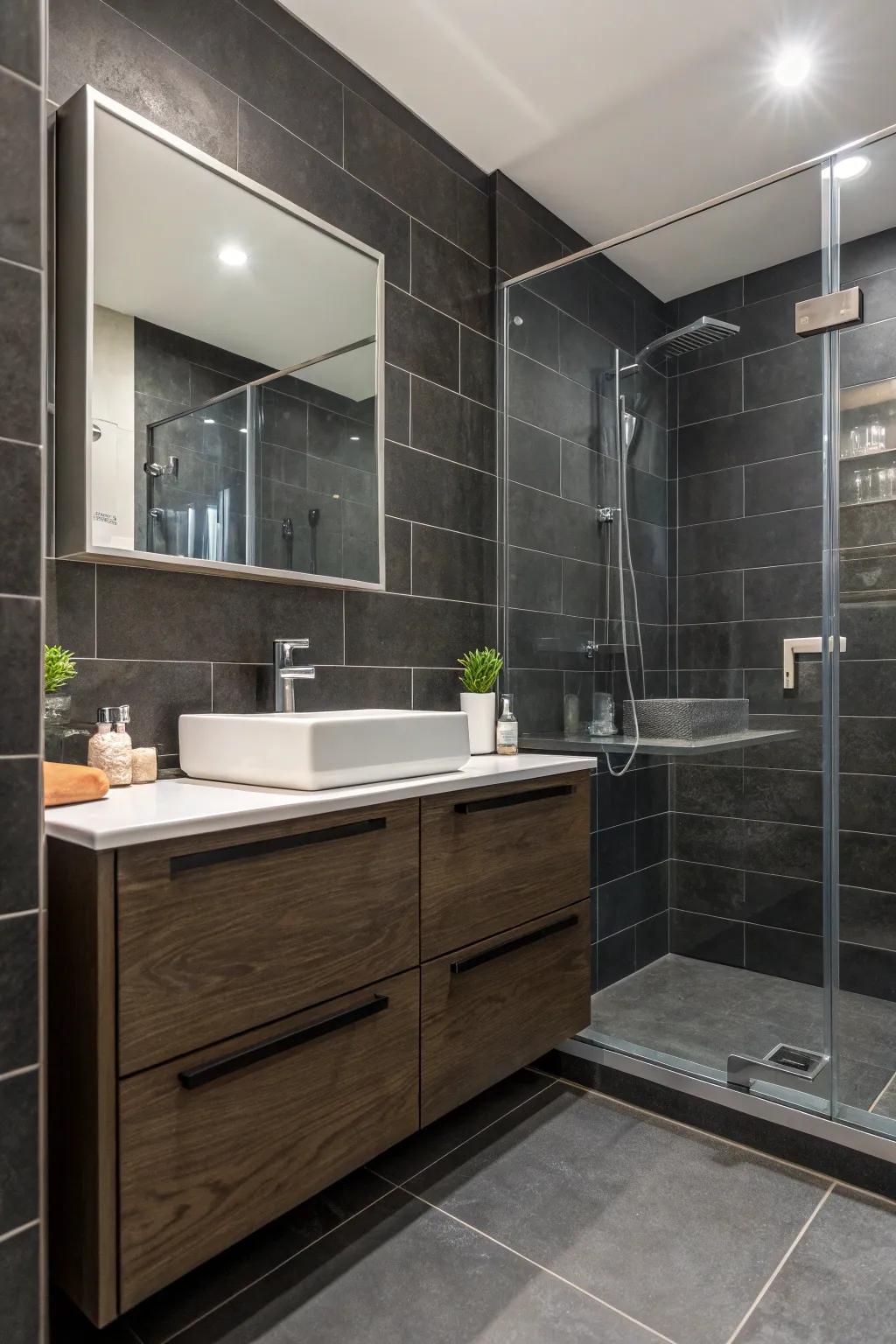 A bathroom showcasing shadowy sophistication with charcoal tiles.