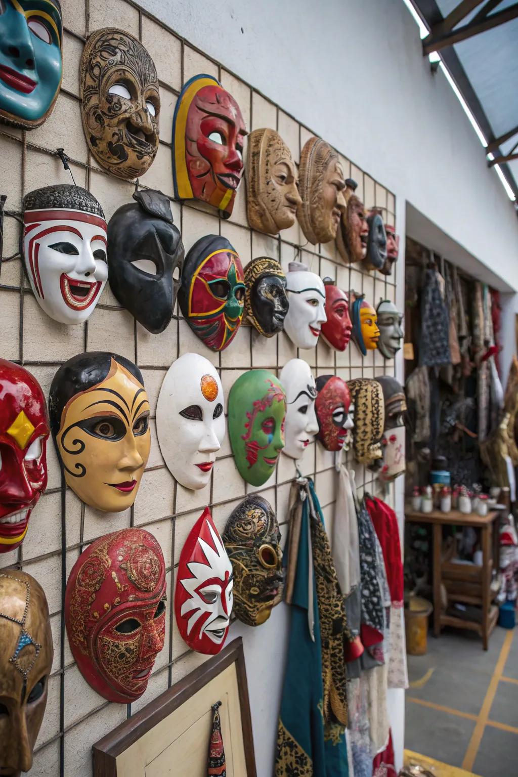 A diverse layout of masks breathes life and energy into this space.