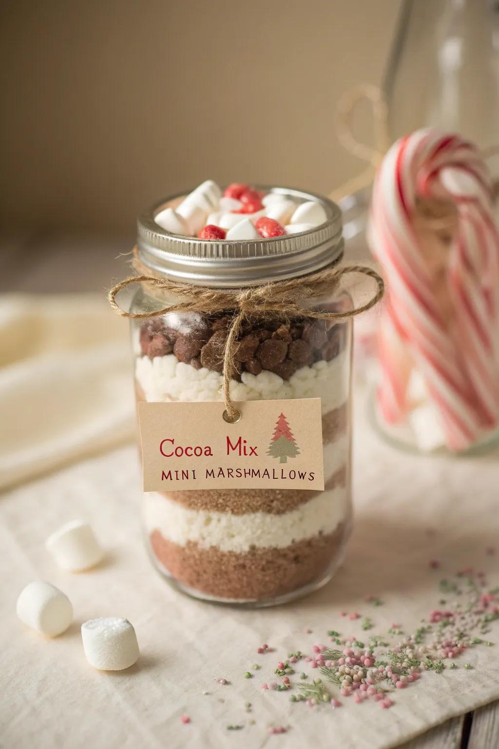 A heartfelt gift in a jar: layers of cacao, marshmallows, and sugar sticks for a cozy winter night.