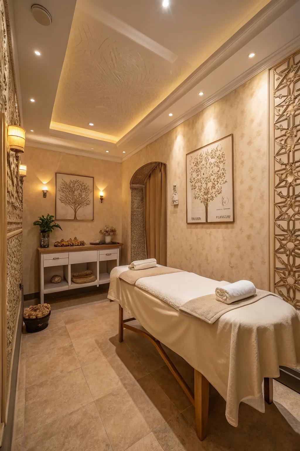 A massage room showcasing a soothing soft greys and ivory color palette.
