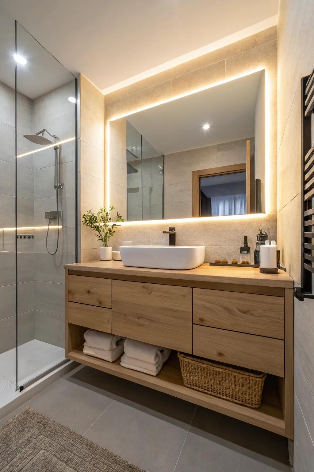 A bathroom showcasing a wall-mounted vanity with a light wood finish and subtle under-cabinet lighting.