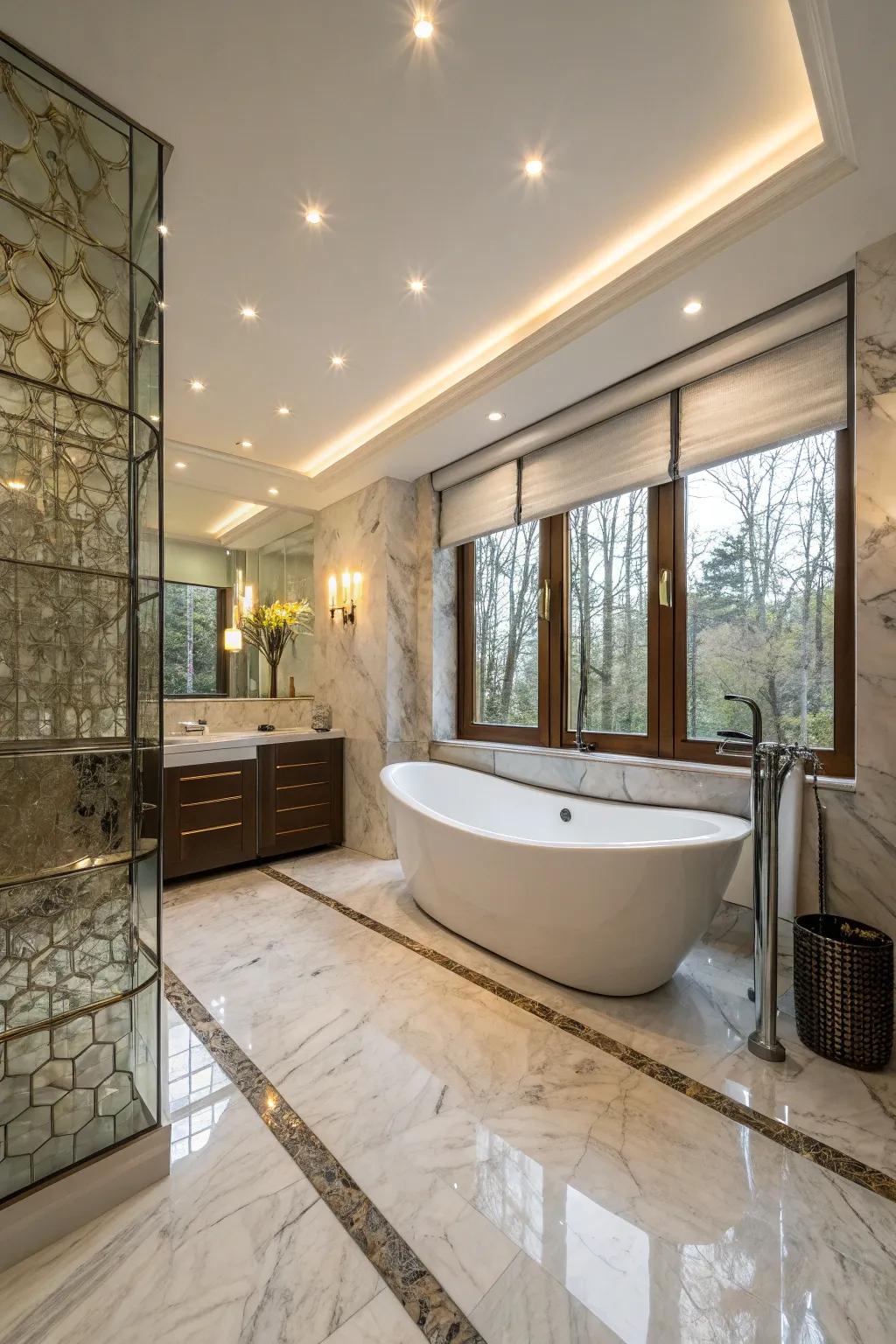 Modern stand-alone bathtub becomes the focal point in an opulent bathroom.