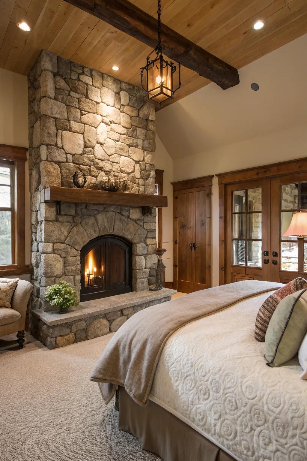 An archetypal stone hearth enhances any main bedroom with its enduring appeal.
