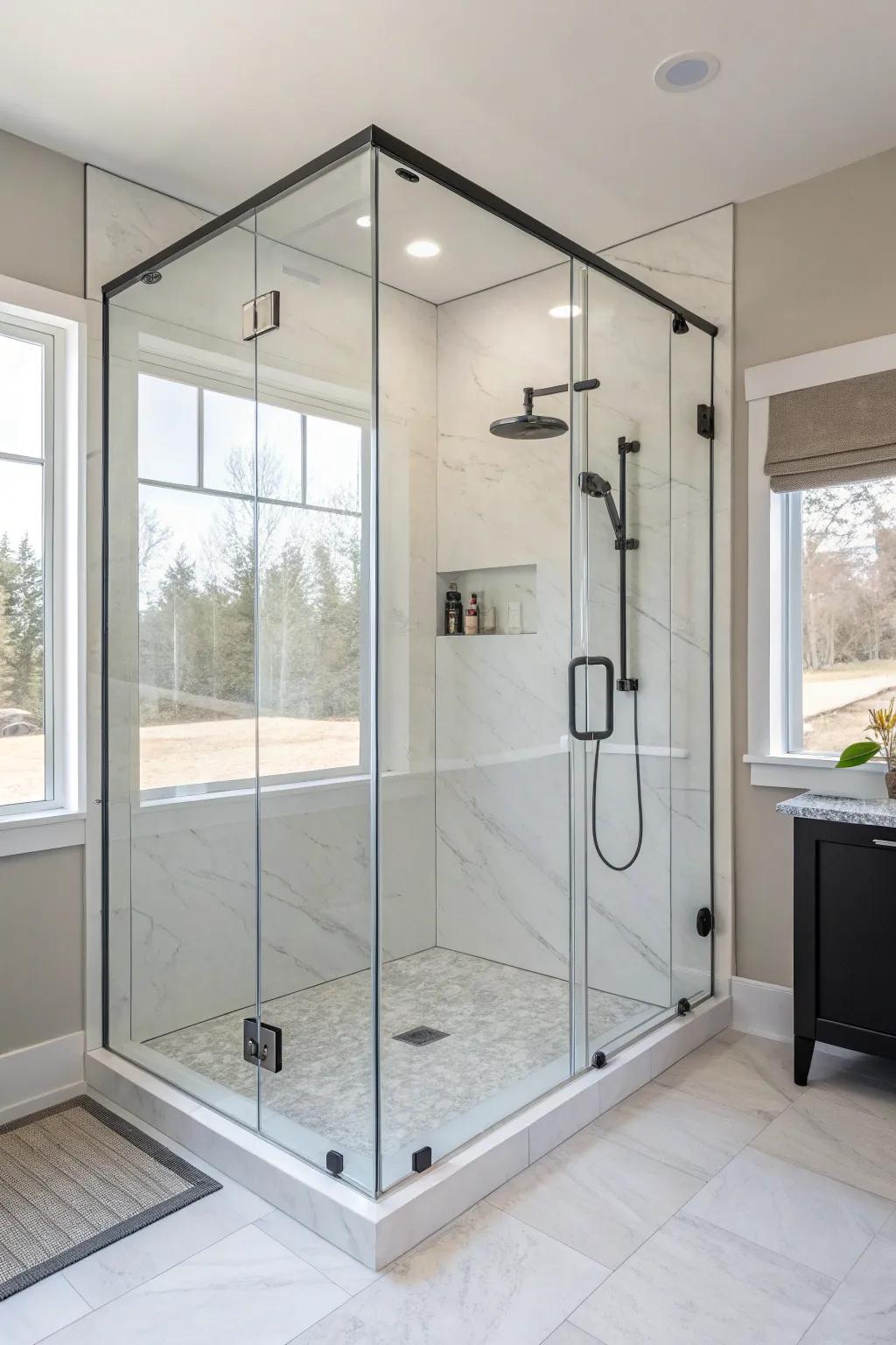 A sleek and modern shower with a frameless glass enclosure.