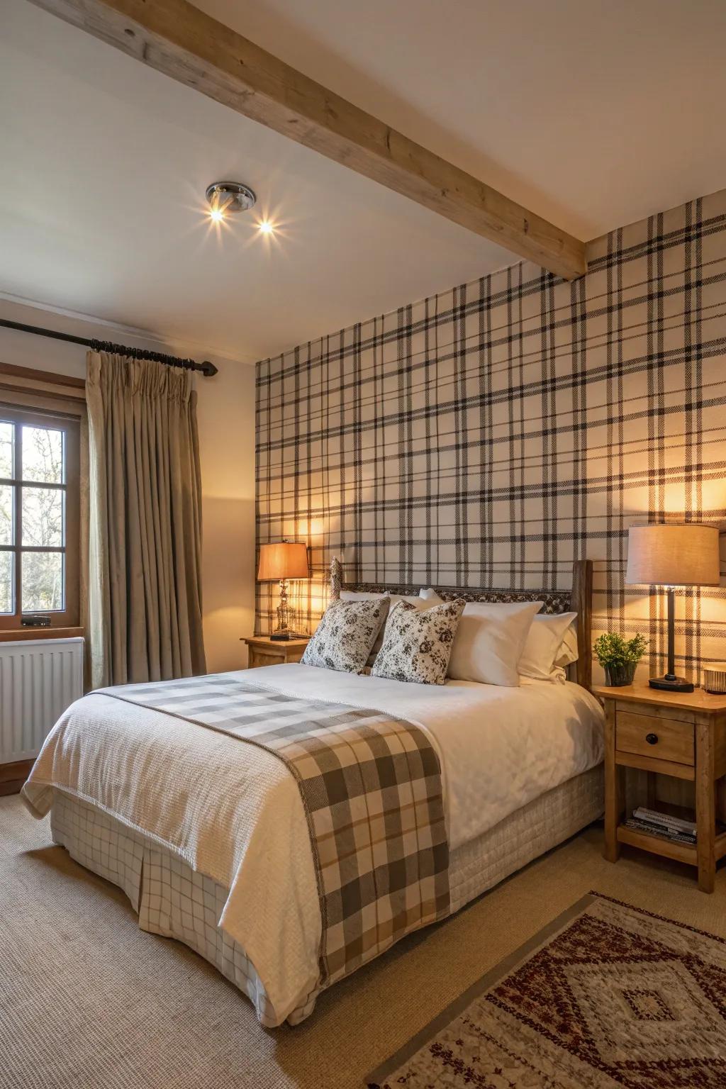 Plaid wallpaper adds a classic touch to a cozy bedroom setting.