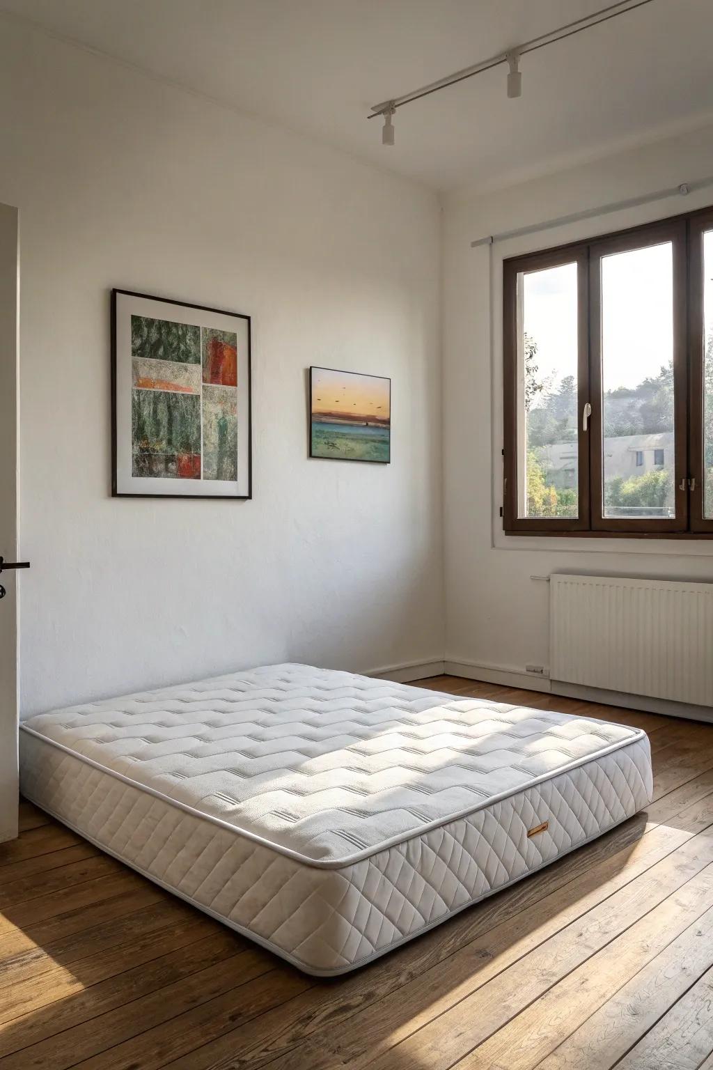 A minimalist bedroom with clean lines and a floor mattress.