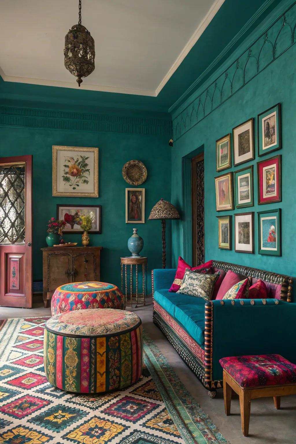 Profound azure walls deliver a stunning impact in this maximalist setting.