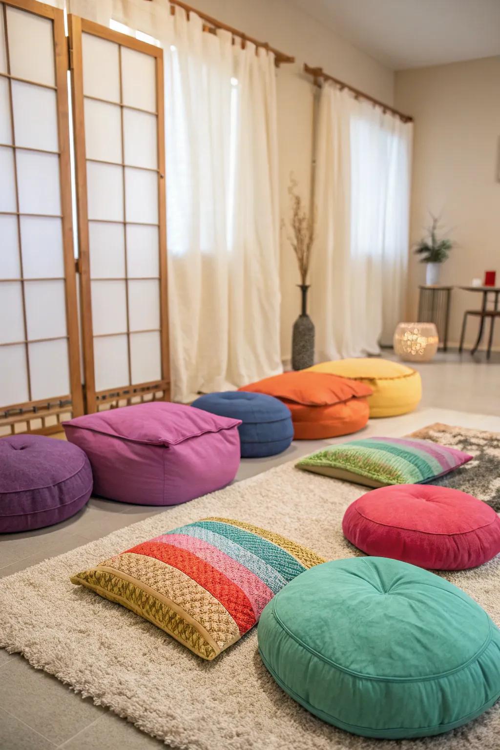 Combine various cushions to fashion a welcoming and cozy meditation environment.