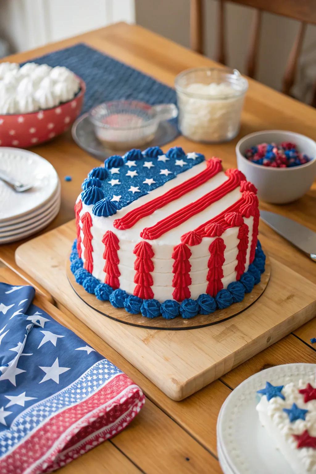 An American flag cake that embodies the spirit of Memorial Day with its vibrant colors and patterns.