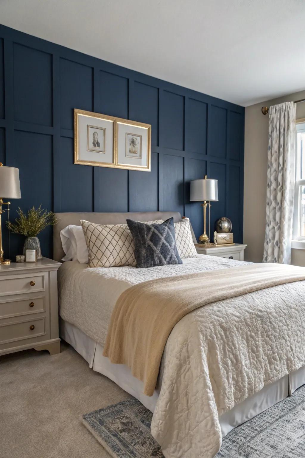 Ink blue lends an air of majestic elegance to any sleeping chamber.