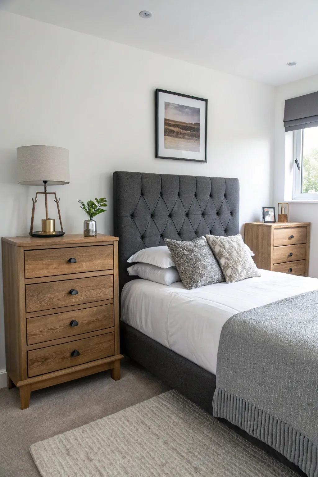 Slate grey and white combine to form an audacious, contemporary contrast within this streamlined bedroom.
