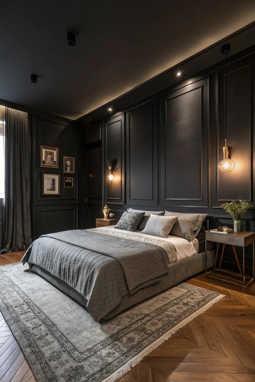 A shadowy scheme lays a striking base for a chic hideaway.