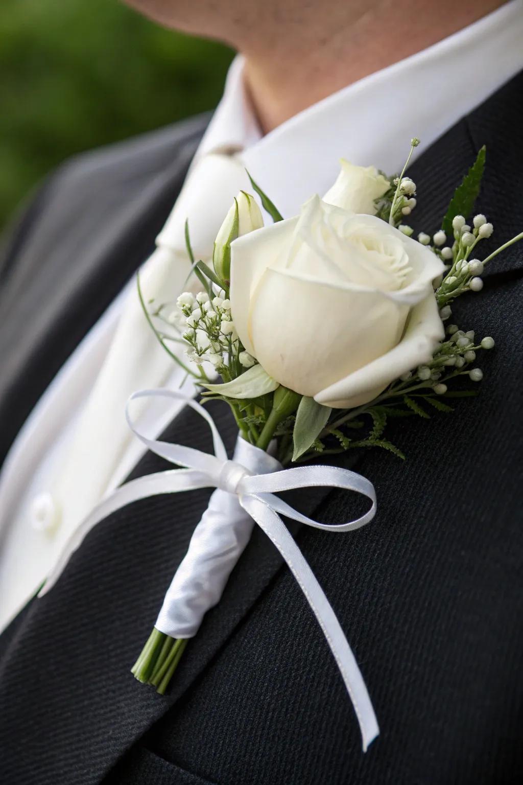 An ivory bloom boutonniere brings eternal grace.
