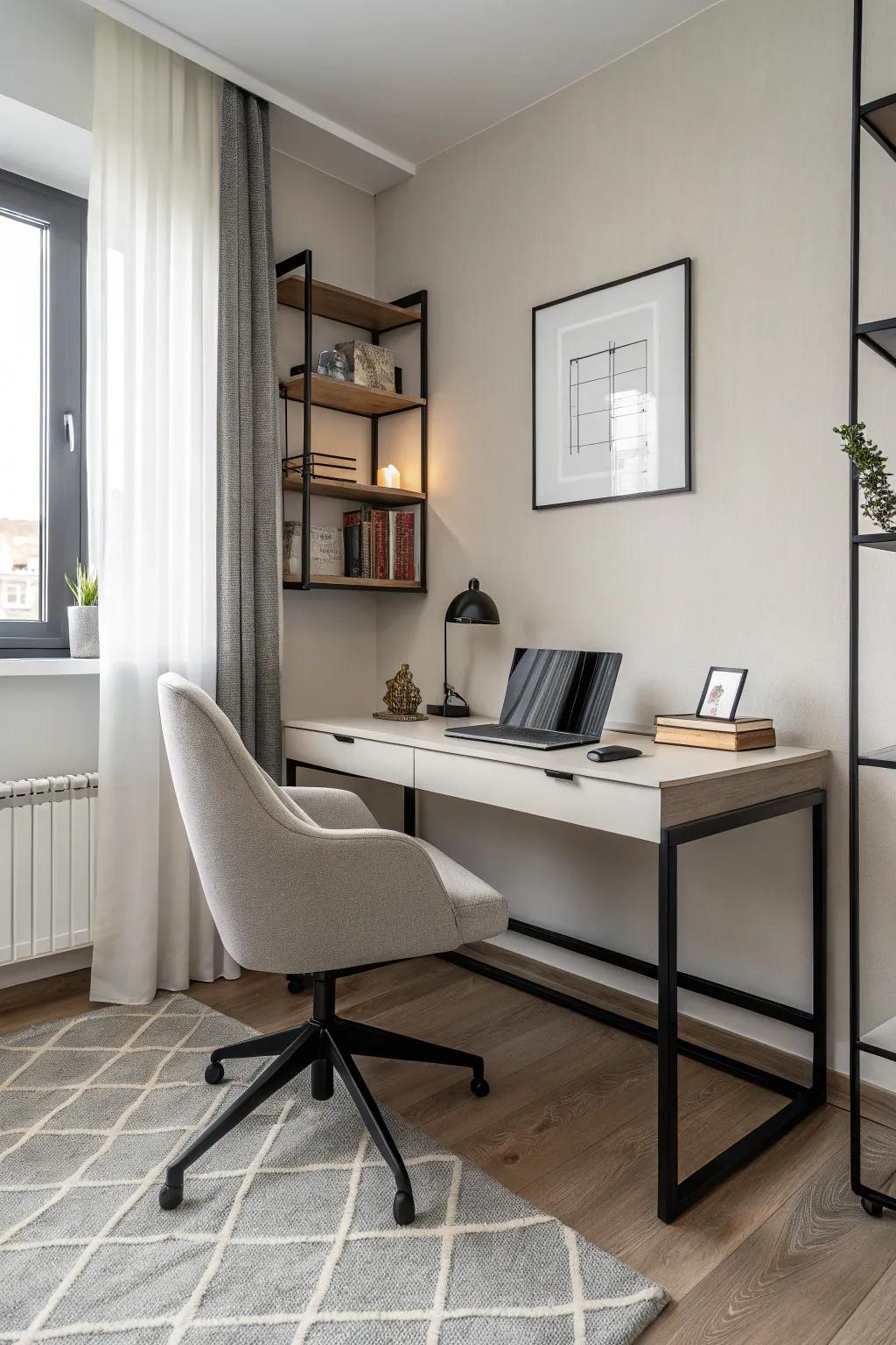 Clarity matches grace with streamlined furnishings in this man's home workspace.