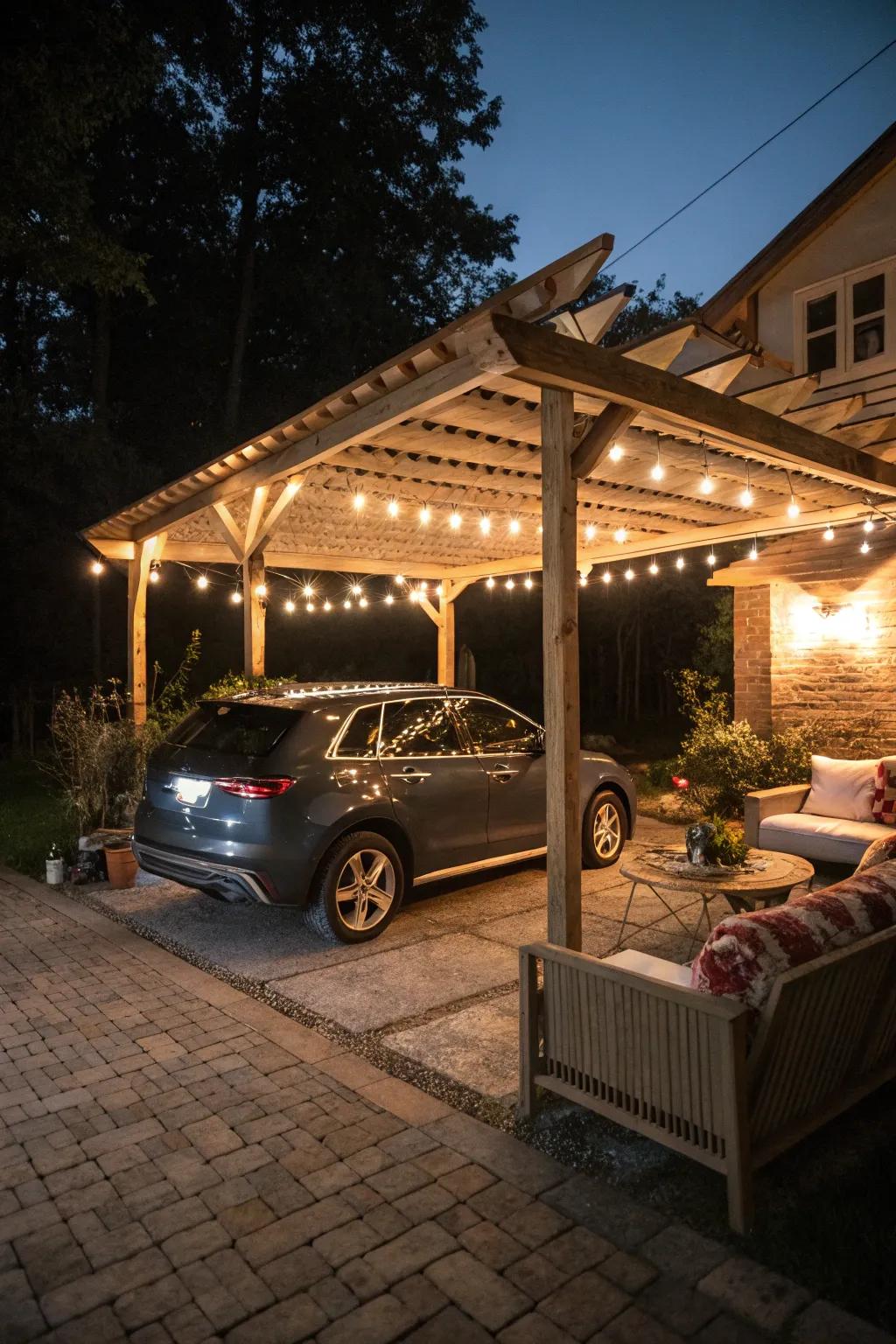 A versatile carport and arbor combination offers both shelter for vehicles and a place for outdoor enjoyment.