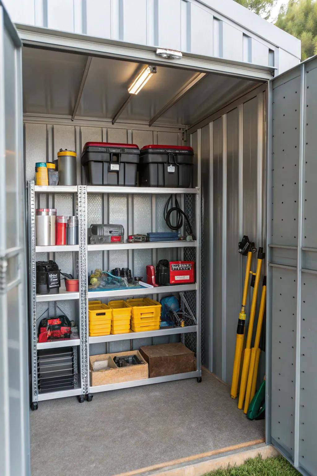 Customizable shelving keeps implements and materials methodically sorted.