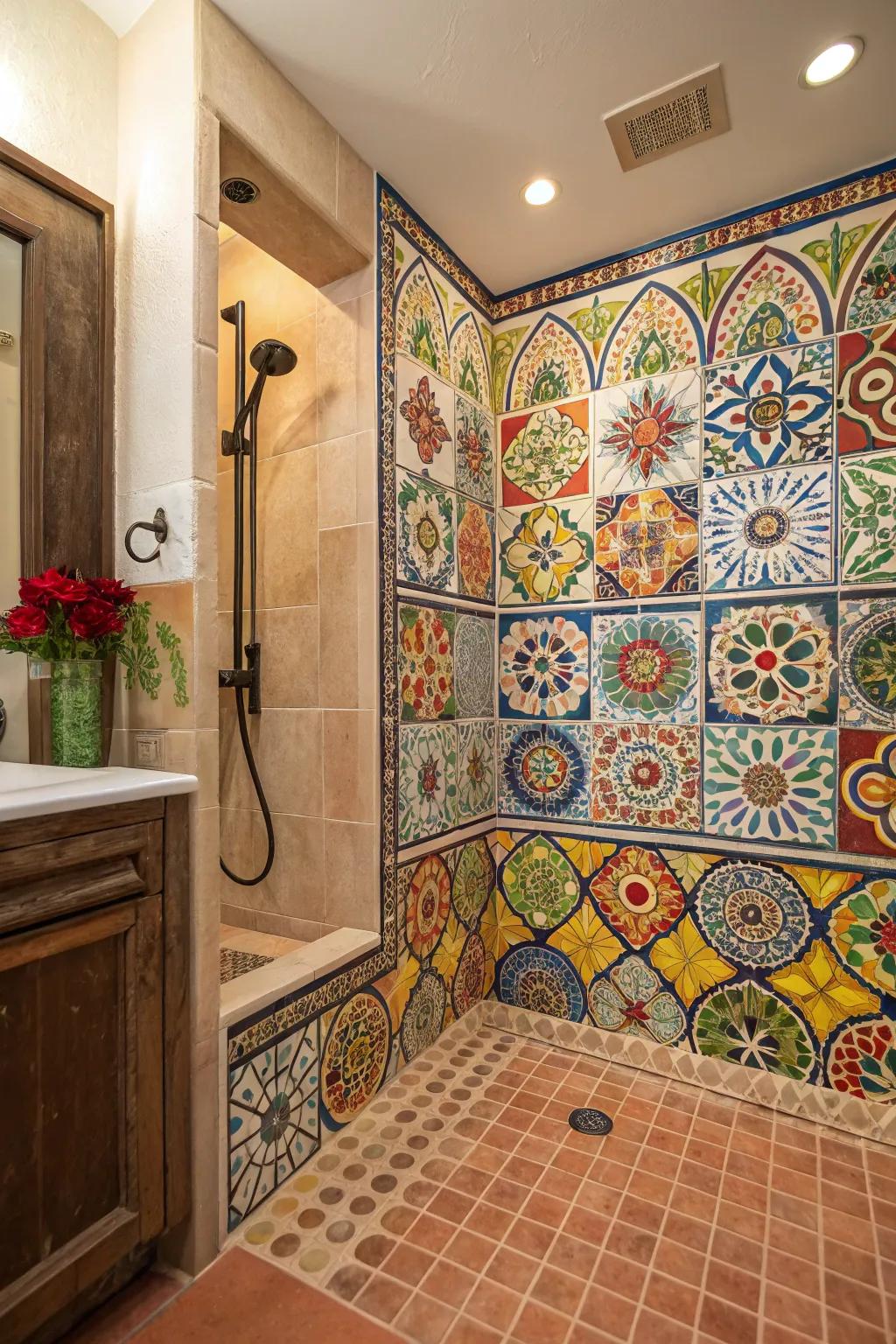 A bathroom glowing with lively mosaic ceramics.