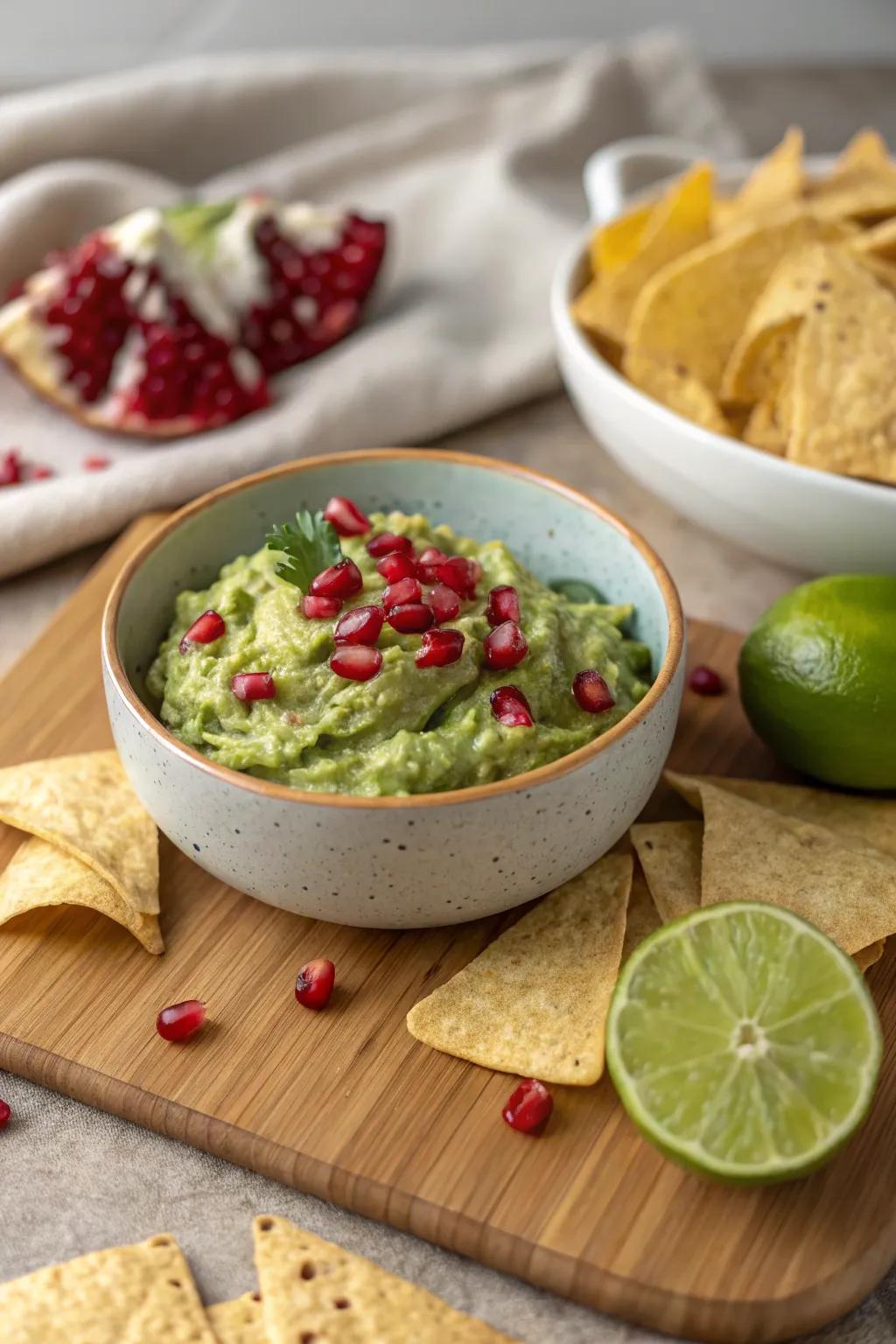 Guacamole gets a colorful upgrade with pomegranate seeds for added flavor.